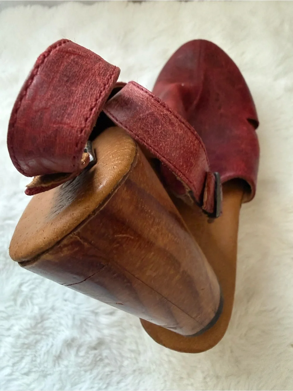 Cordani Burgundy Leather Platform Clogs with Wood-Look Wedge Size 38